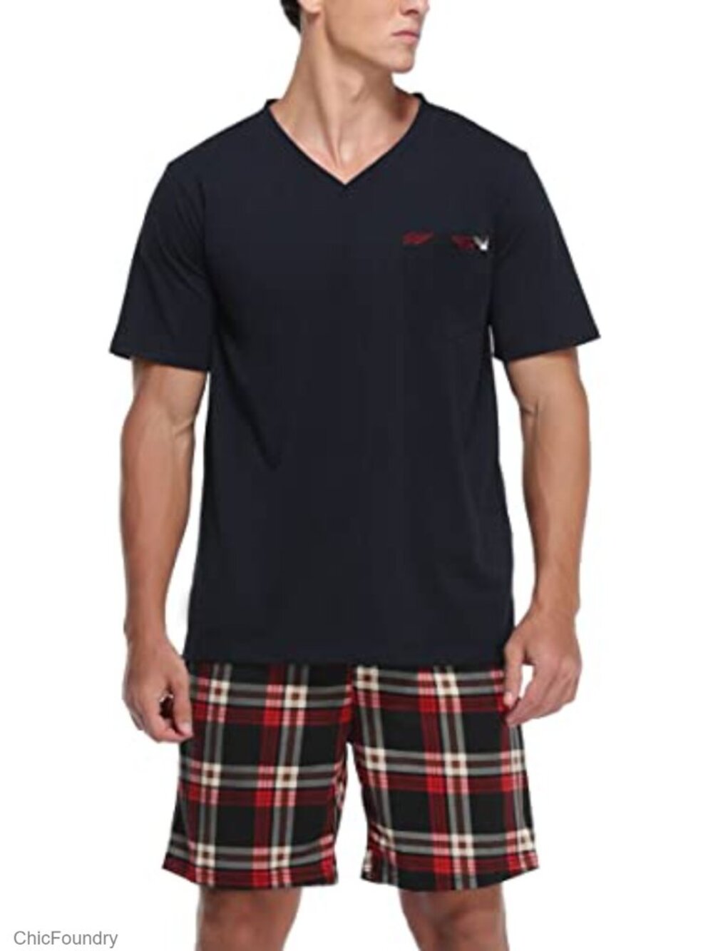 Men's 2 Piece Pajama Set Cotton Blend Short Sleeve Top Plaid Pants Loungewear